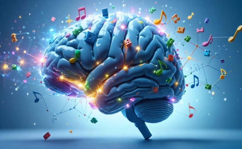 Conceptual illustration of a child's brain highlighted with colorful neural pathways, symbols of dopamine and oxytocin, and playful elements like blocks, musical notes, and toys, symbolizing the impact of play on brain development.