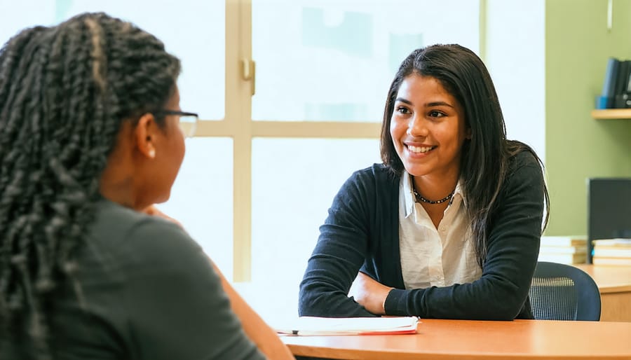 School therapist and student engaged in conversation in a comfortable counseling office