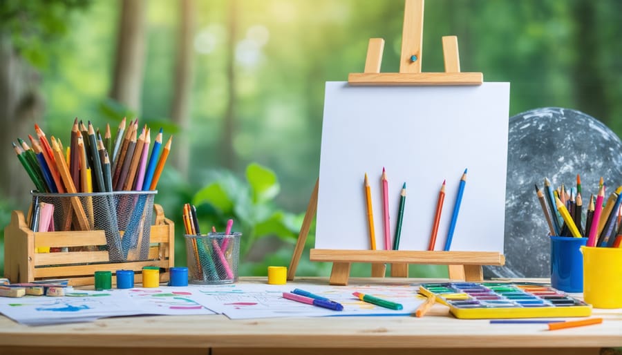 Welcoming children's art space with organized art supplies and comfortable seating