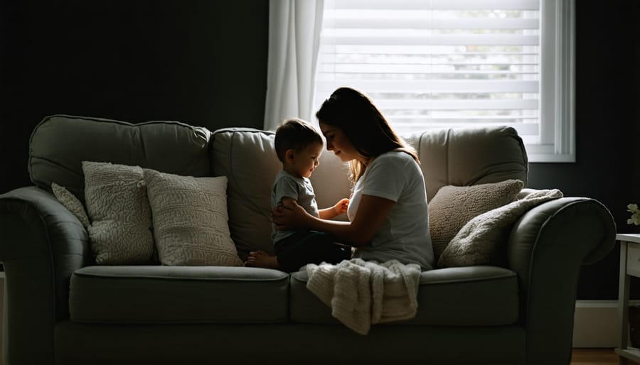 Parent supporting child during migraine episode in a soothing environment