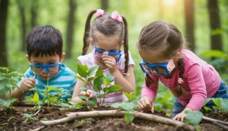 A diverse group of children actively exploring nature by examining plants and insects, climbing trees, and constructing a fort, showcasing the benefits of nature-based learning.