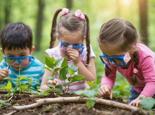 A diverse group of children actively exploring nature by examining plants and insects, climbing trees, and constructing a fort, showcasing the benefits of nature-based learning.