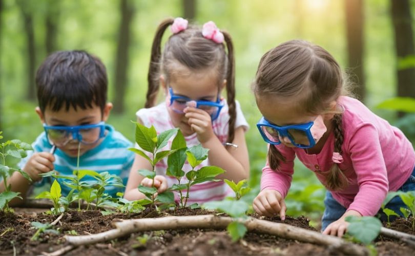 A diverse group of children actively exploring nature by examining plants and insects, climbing trees, and constructing a fort, showcasing the benefits of nature-based learning.
