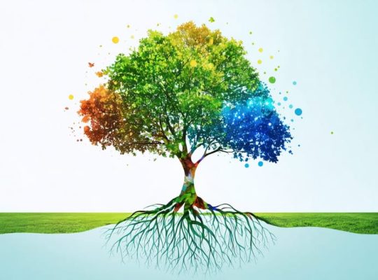 Conceptual depiction of a tree symbolizing key components of emotional well-being, including roots for self-awareness, a trunk for resilience, and branches for social skills and relationships.