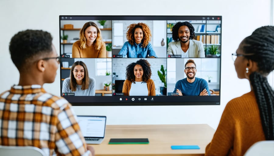Grid view of diverse parents participating in an online parenting class video conference