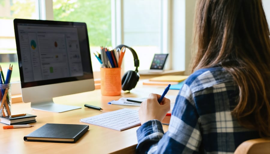 Well-organized home learning space for virtual parenting class participation