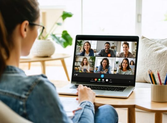 A mother taking notes as she participates in a virtual parenting class on a laptop from her living room, with other diverse parents visible on the screen in a supportive video conference.