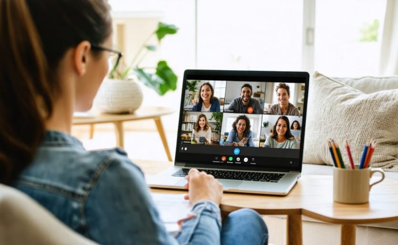 A mother taking notes as she participates in a virtual parenting class on a laptop from her living room, with other diverse parents visible on the screen in a supportive video conference.