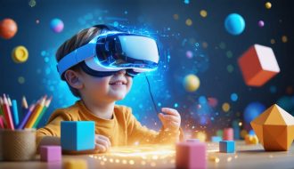A child immersed in a virtual reality educational game, wearing a VR headset and surrounded by vibrant 3D elements representing learning and creativity.