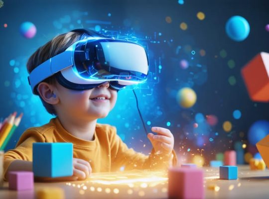 A child immersed in a virtual reality educational game, wearing a VR headset and surrounded by vibrant 3D elements representing learning and creativity.