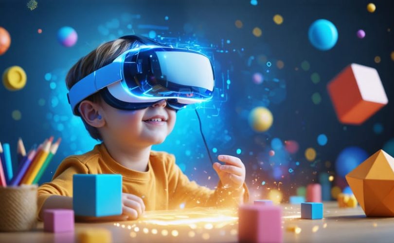 A child immersed in a virtual reality educational game, wearing a VR headset and surrounded by vibrant 3D elements representing learning and creativity.