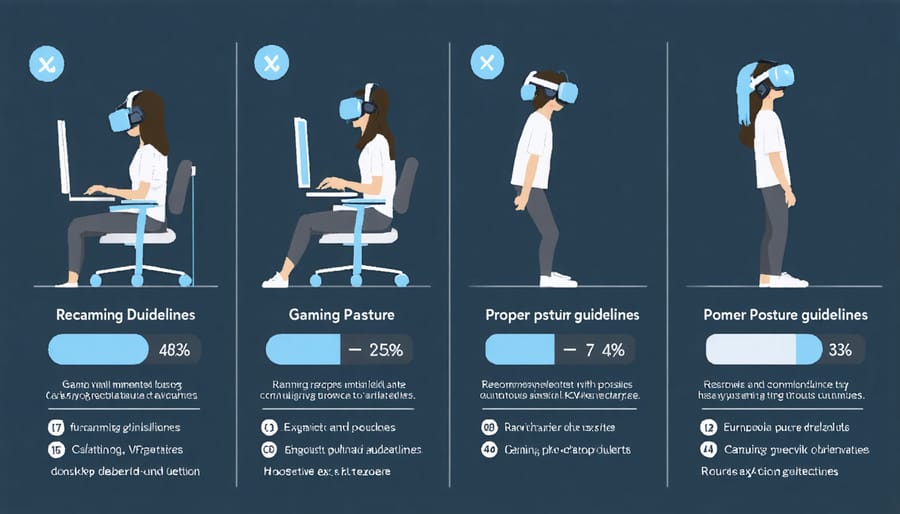 Visual guide displaying safe VR gaming practices including time limits and correct posture