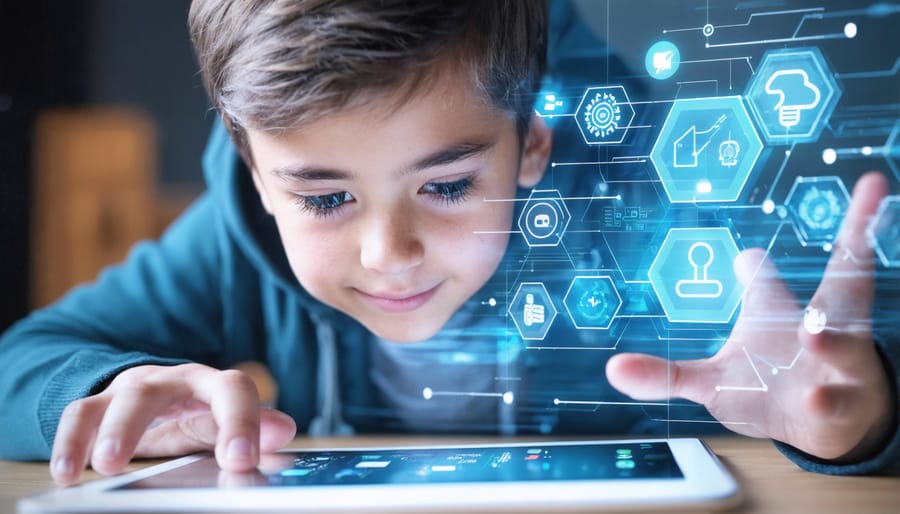 Child using adaptive learning software with personalized dashboard