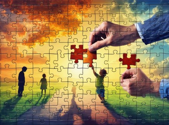 An artistic image of a parent fitting puzzle pieces into a child's outline, representing different emotions and developmental stages, highlighting the adaptive nature of parenting.