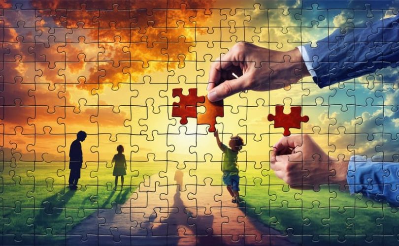 An artistic image of a parent fitting puzzle pieces into a child's outline, representing different emotions and developmental stages, highlighting the adaptive nature of parenting.