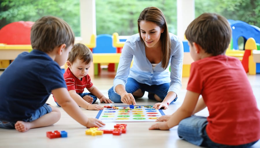 Teacher or caregiver guiding children through a cooperative circle game, demonstrating supportive interaction
