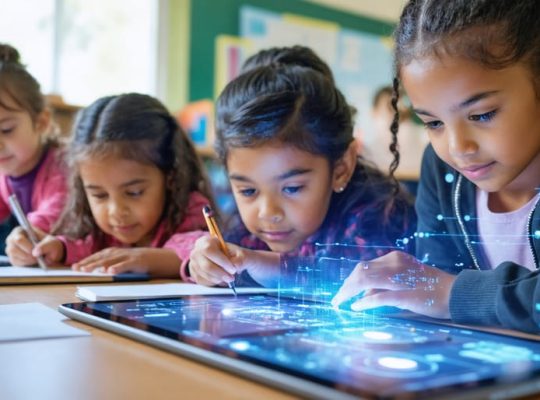 A teacher guiding students in a classroom with AI-powered digital tablets and traditional learning materials, illustrating the integration of AI in education.