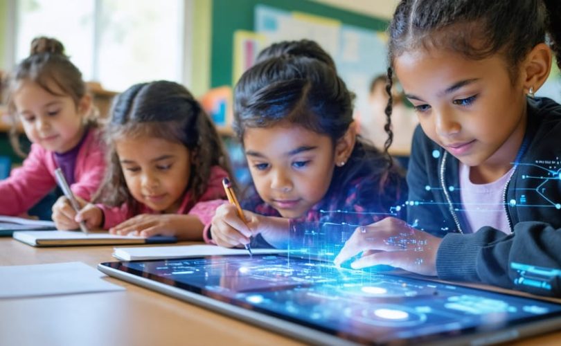 A teacher guiding students in a classroom with AI-powered digital tablets and traditional learning materials, illustrating the integration of AI in education.