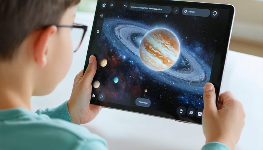 Child exploring an augmented reality solar system model with planets floating above their tablet