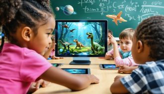Children in a classroom excitedly observing augmented reality with 3D models of dinosaurs and planets appearing above their tablets, showcasing the intersection of technology and education.