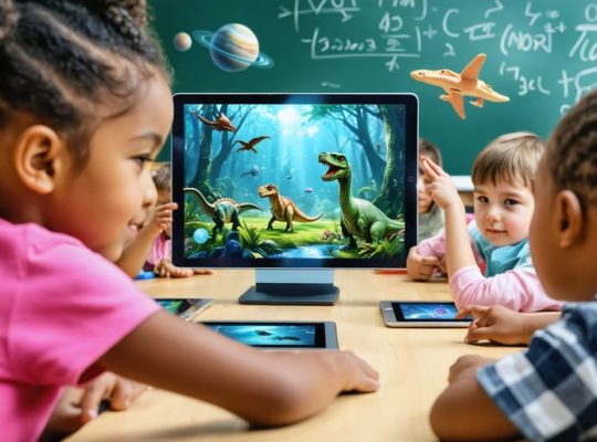 Children in a classroom excitedly observing augmented reality with 3D models of dinosaurs and planets appearing above their tablets, showcasing the intersection of technology and education.