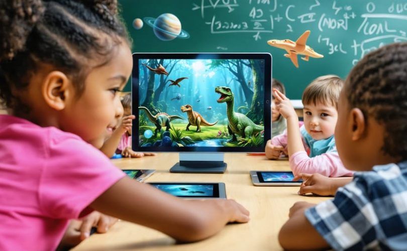 Children in a classroom excitedly observing augmented reality with 3D models of dinosaurs and planets appearing above their tablets, showcasing the intersection of technology and education.