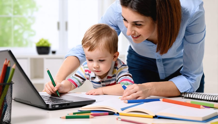 Parent helping child balance digital and traditional learning resources