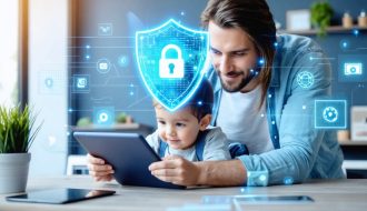 Parent and child engaging with a digital tablet, surrounded by symbols of a shield and data privacy, illustrating the balance between online security and autonomy for children.
