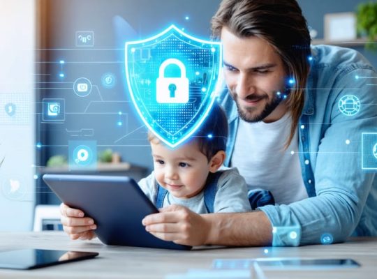 Parent and child engaging with a digital tablet, surrounded by symbols of a shield and data privacy, illustrating the balance between online security and autonomy for children.
