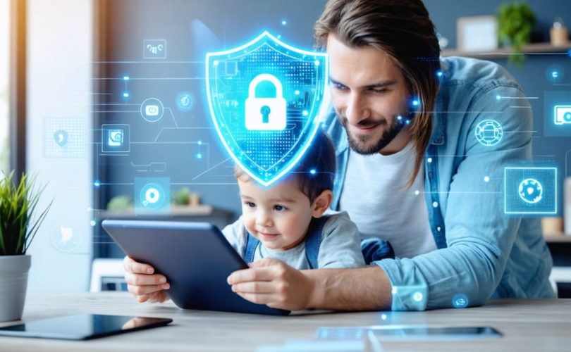 Parent and child engaging with a digital tablet, surrounded by symbols of a shield and data privacy, illustrating the balance between online security and autonomy for children.