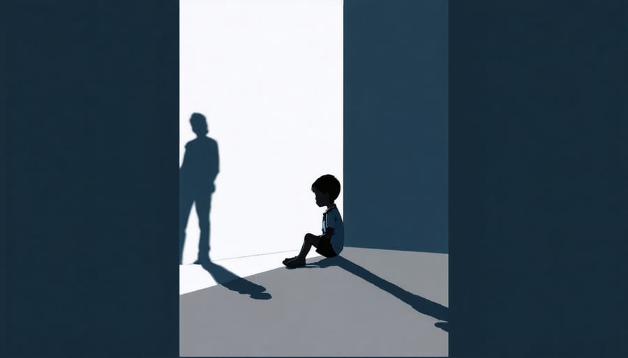 Young child displaying signs of anxiety while isolated in a corner of a room