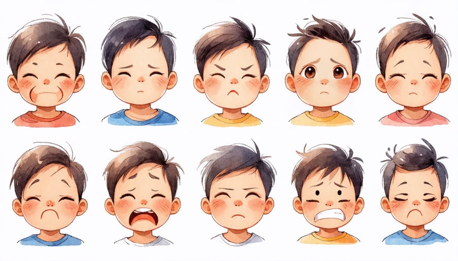 Collage of children's faces displaying various emotions from happy to upset