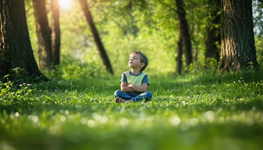Young child practicing mindfulness meditation outdoors in a peaceful natural setting