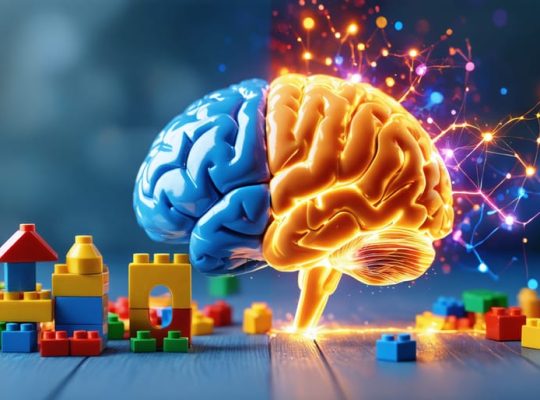 An artistic representation showcasing a child engaged in imaginative play with building blocks alongside a vividly illustrated brain highlighting neural activity during play.
