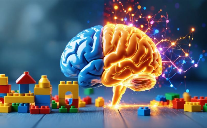 An artistic representation showcasing a child engaged in imaginative play with building blocks alongside a vividly illustrated brain highlighting neural activity during play.