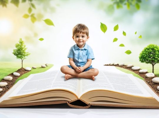 Conceptual illustration of a child sitting on an open book that turns into a pathway, symbolizing the journey of resilience with elements like a sapling, sun, and stepping stones.