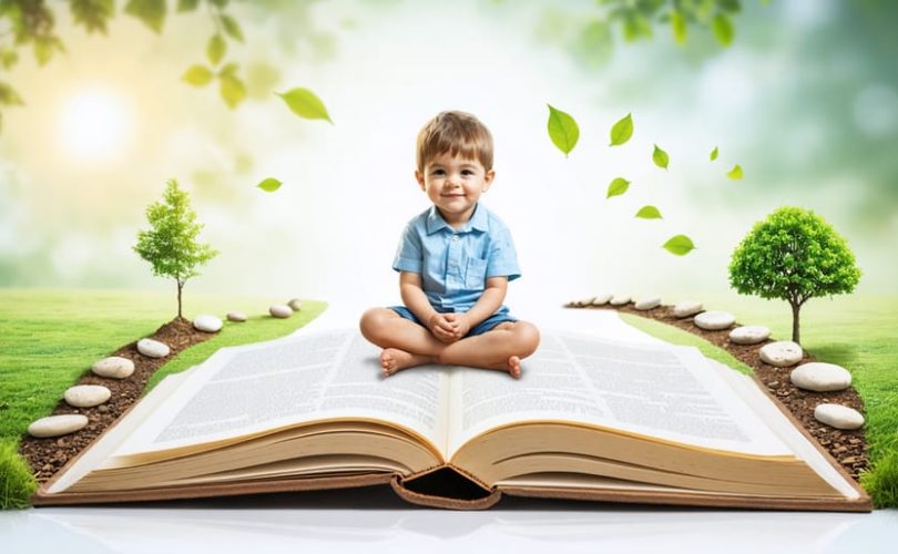 Conceptual illustration of a child sitting on an open book that turns into a pathway, symbolizing the journey of resilience with elements like a sapling, sun, and stepping stones.
