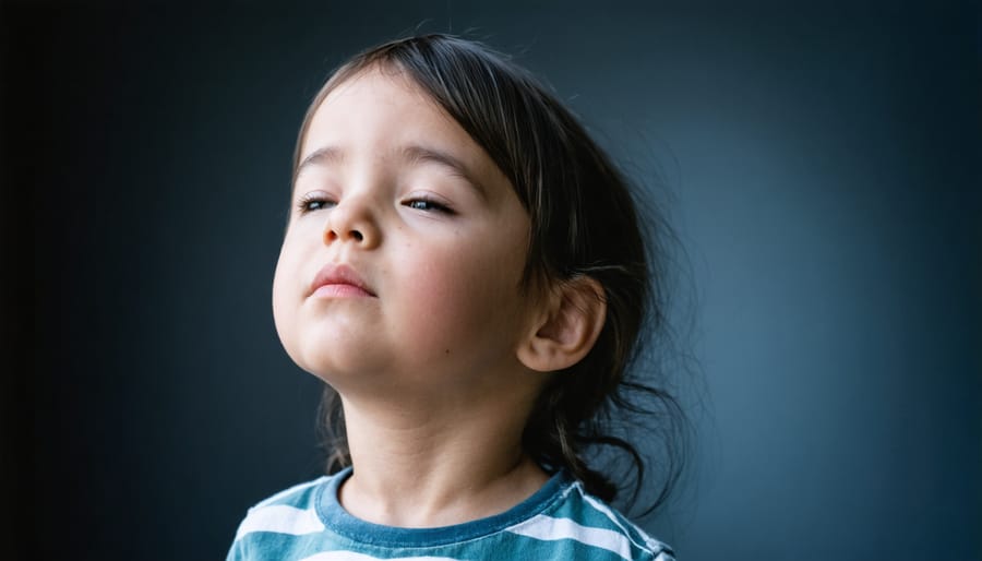 Young child sitting cross-legged with hands on belly, demonstrating mindful breathing technique