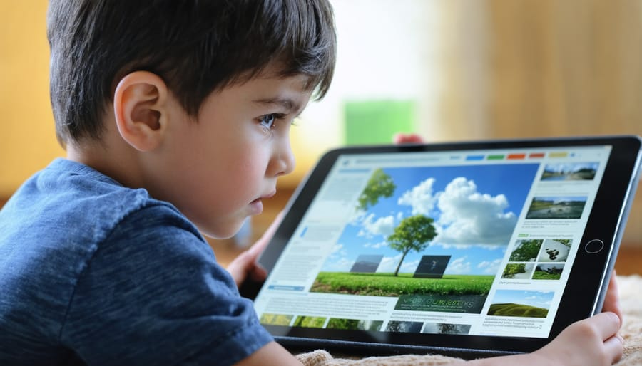 Young child with concerned expression viewing climate change news on digital device