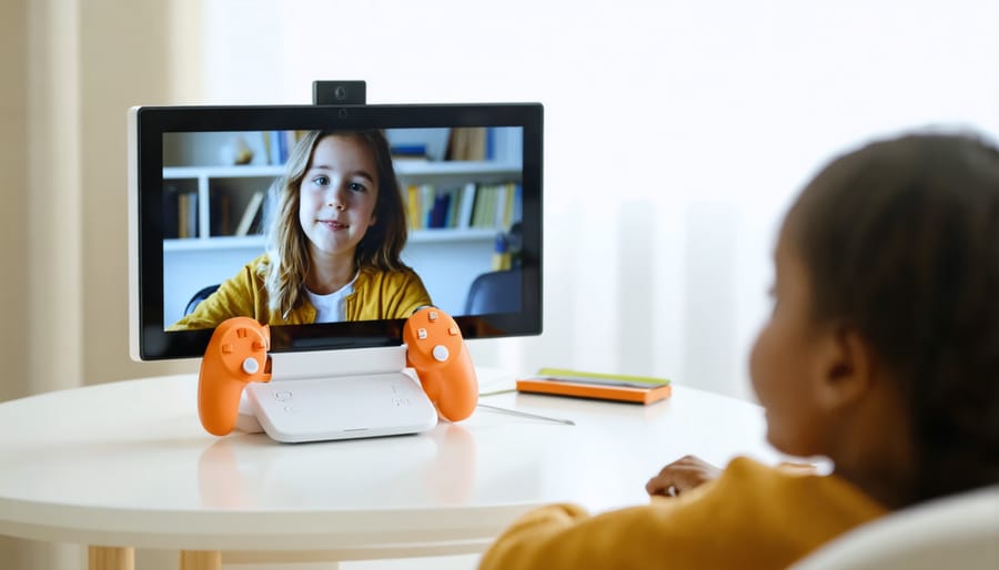 Young patient participating in a virtual therapy session while parent provides support