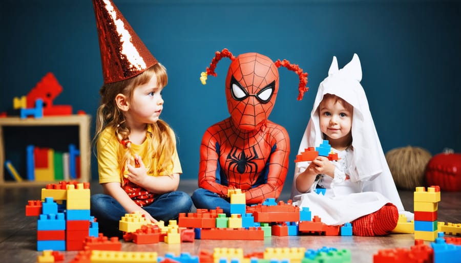 Children dressed up as different characters, acting out a story together in a playroom setting
