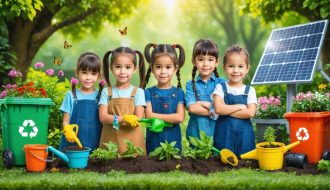 A group of diverse children participating in eco-friendly activities, like planting and gardening, in a vibrant and hopeful setting amidst nature.