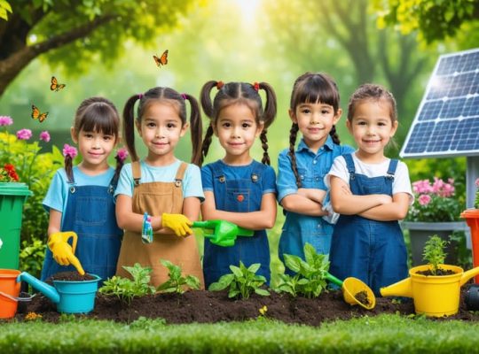 A group of diverse children participating in eco-friendly activities, like planting and gardening, in a vibrant and hopeful setting amidst nature.