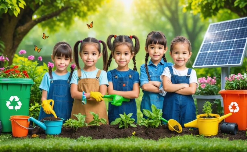 A group of diverse children participating in eco-friendly activities, like planting and gardening, in a vibrant and hopeful setting amidst nature.