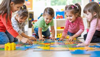 A diverse group of children happily collaborating on assembling a large puzzle on the floor, demonstrating teamwork and communication in a playful setting.
