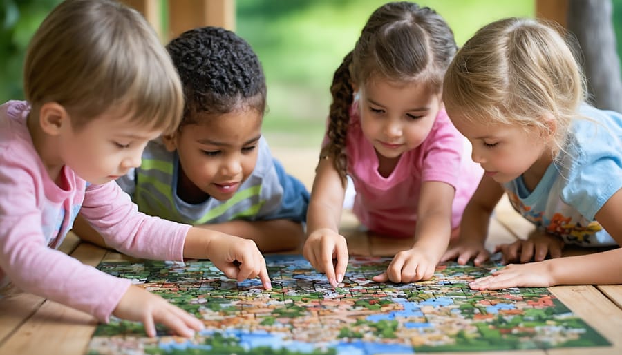 Children of different ages collaborating on a large floor puzzle, showing teamwork and engagement