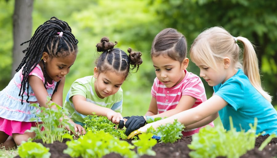 Elementary school students planting vegetables and flowers in a community garden