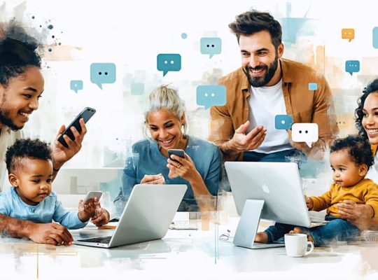 A diverse group of parents using digital devices to engage in virtual support groups, with supportive messages visible, representing the connectivity and support found in digital parenting communities.