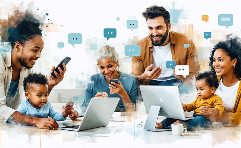 A diverse group of parents using digital devices to engage in virtual support groups, with supportive messages visible, representing the connectivity and support found in digital parenting communities.