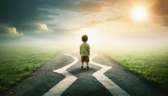 A child standing at a crossroads representing potential futures, one path illuminated by light and security, and the other shadowed and uncertain, symbolizing the impact of parental substance abuse.